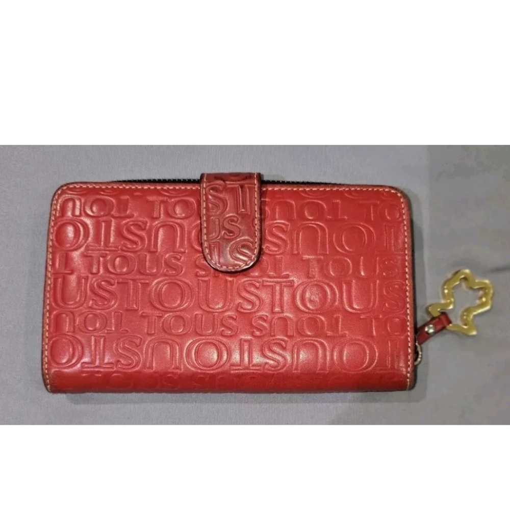 TOUS Urban Logo Red/Brown Embossed Calfskin Leather Wallet